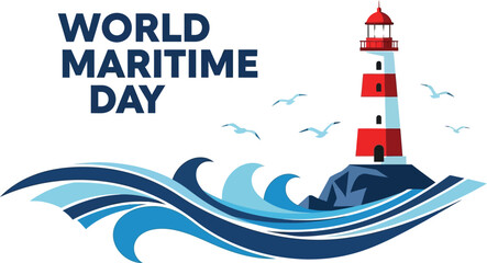 Celebrating world maritime day with a lighthouse a rocky shore, waves, and seagulls