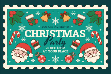 Christmas Party Invitation Flyer with Santa and Christmas Ornaments. Vector Illustration
