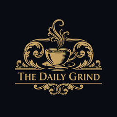 Vintage coffee shop logo featuring a stylized coffee cup and ornate flourishes, set against a dark background.