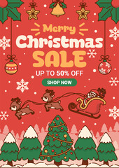 Merry Christmas Sale Poster With Santa Claus Flying Over a Pine Tree with Santa Sleigh Pulled by Reindeer. Vector Illustration