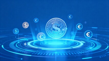 Digital currency symbols on tech background