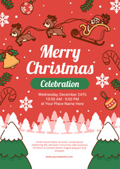 Merry Christmas Celebration Poster With Santa Claus with Sleigh Pulled by Reindeer Flying Over a Snowy Scene . Vector Illustration
