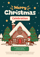 Merry Christmas Celebration Poster with Gingerbread House, Reindeer, and Snowman in Snowy Scene. Vector Illustration