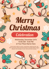 Christmas Celebration Poster With String Lights And Christmas Ornaments. Vector Illustration