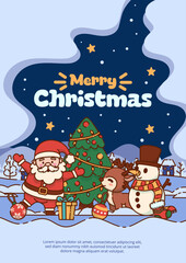 Merry Christmas Poster With Joyful Santa Claus, Reindeer, and Snowman in a Snowy Scene. Vector Illustration