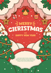 Merry Christmas Poster With Christmas Decoration in Snowy Scene. Vector Illustration
