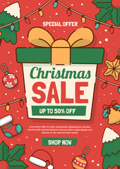 Merry Christmas Sale poster with Christmas Gift and Christmas Ornaments. Vector illustration