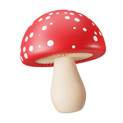 3d render Mushroom Amanita isolated on white background. Collection of minimalist glossy plastic 3D illustrations in cartoon style. Autumn forest elements for game design. Hello autumn concept.