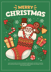 Merry Christmas poster with Santa Claus, gingerbread, and snowman in Christmas sock. Vector illustration
