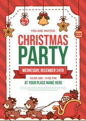 Merry Christmas Poster with Santa Claus Carrying a Sack of Gifts with Sleigh. Vector Illustration 