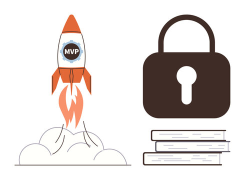Rocket labeled MVP blasting off, lock adjacent to stacked books. Ideal for technology, innovation, startup growth, security, education, progress knowledge. Simple flat metaphor
