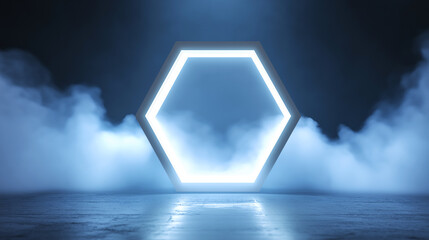 Glowing hexagon frame in a misty dark space, dramatic lighting, and reflections. Ideal for tech, sci-fi, or futuristic design and commercial backgrounds.