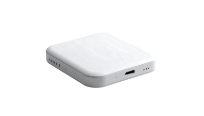 A small, square, white device with rounded edges, a USB-C port, and subtle texture, sits on a transparent background