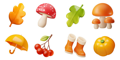 3d render leaves, Rowan, pumpkin, Mushroom, Amanita, rain rubber boot, umbrella. Set of minimalist 3D icons. Cute glossy 3D plastic in cartoon style. Decorative elements for autumn holiday designs