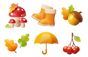 3d render leaves, Rowan, acorn, Mushroom, Amanita, rubber boot, umbrella. Set of minimalist 3D icons. Cute glossy 3D plastic in cartoon style. Autumn forest decorative elements for game designs