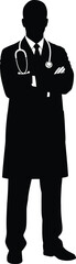 Silhouette of a confident doctor standing with arms crossed wearing a stethoscope and lab coat on white background