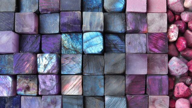 Close-up of colorful, square-shaped, gem-like blocks