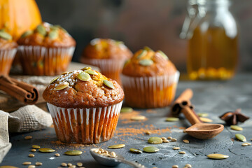 Minimalist kitchen setup with pumpkin muffins kept fresh under a glass dome, elegant food styling with seasonal autumn accents, cozy and wholesome feeling