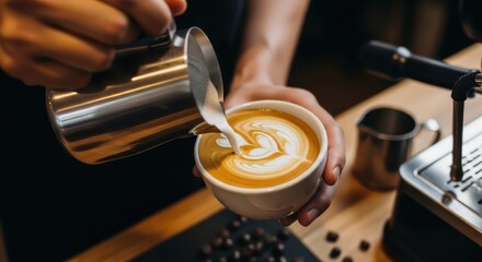 Latte Art Creation: Milk Pouring into Espresso Forming Delicate Floral Design