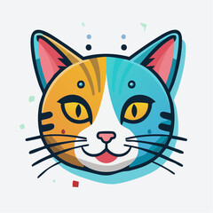 Cute cartoon cat with colorful fur smiles cheerfully against a white backdrop, creating a playful and whimsical mood.