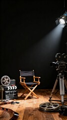 Film set with director chair and camera