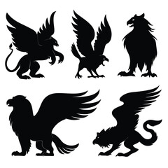 Obraz premium Collection of mythical griffin silhouettes in black and white isolated on white background