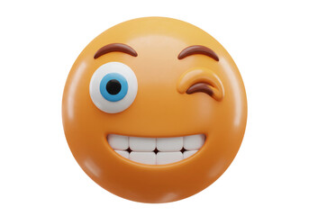 Isolated Winking Smiley Face with Teeth, 3D Rendering of Emoticon for Chat and Social Media
