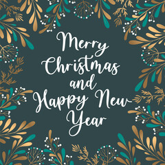 Merry Christmas and New Year vector illustration with lettering and frame from gold mistletoe branches isolated on dark background. Holiday design template for greeting card, invitation
