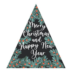 Merry Christmas vector card with Christmas tree from hand drawn mistletoe branches and lettering isolated on white background. Holiday frame design template for greeting card, invitation