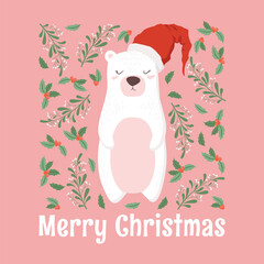 Merry Christmas vector illustration with cute bear in Santa hat, lettering, holly leaves and mistletoe branches isolated on pink background. Holiday design for poster print card decoration