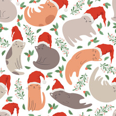 Merry Christmas vector seamless pattern of cute hand drawn cats In Santa hat, holly and mistletoe isolated on white background. Holiday animal design illustration template for card invitation