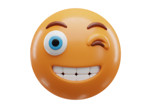 Isolated Winking Smiley Face with Teeth, 3D Rendering of Emoticon for Chat and Social Media