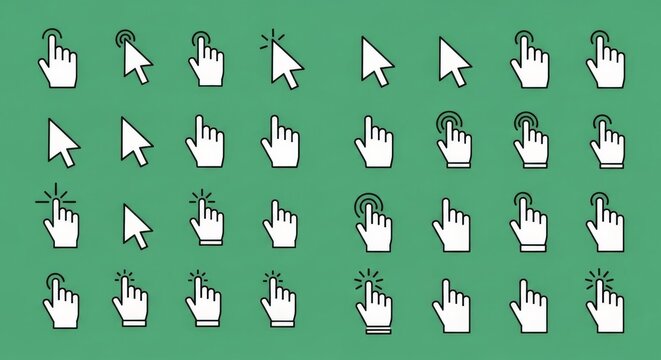 Cursor and Pointer Icon Set ,Hand Click and Arrow Mouse Symbols in Outline and Filled Style, Flat Vector Design Isolated on White Background