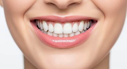 Obraz premium Female Mouth with Perfect White Teeth and Glossy Lips in Soft Blue Background