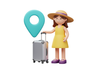 Isolated 3D cartoon girl with suitcase, travel destination pin, going on vacation trip