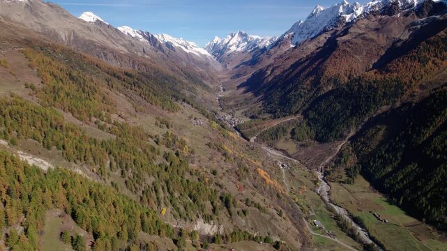 Flying through the valley of L&ouml;tschental in autumn, Switzerland