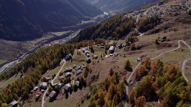 Aerial showing yellow conifer trees and revealing the L&ouml;tschental valley, Switzerland