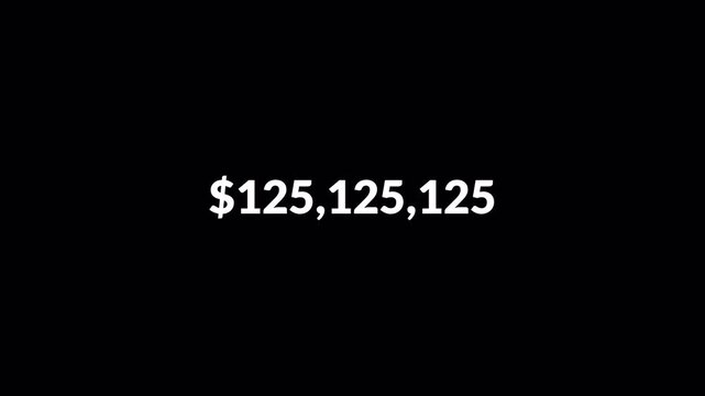 Dollar counter animation from 0 to 200,000000 numbers on a transparent background, Animated Dollar Numbers from zero to two hundred million with alpha channel, USD counting animation twenty crore 4k.