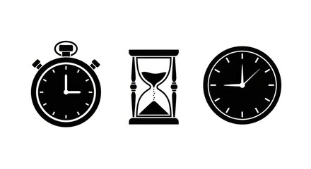 Stopwatch and Timer Icons , Black Silhouette Clock, Hourglass, and Chronometer Symbols Isolated on Transparent Background