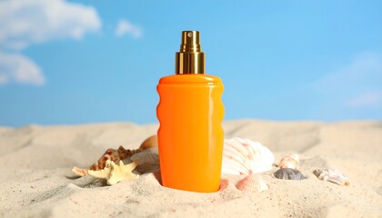 Orange sunscreen bottle on beach sand (1)