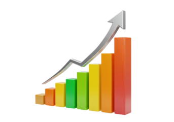 Isolated 3D bar graph with upward arrow, positive upward financial and economic trend