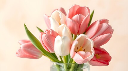 Fototapeta premium Fresh Pink and White Tulips in Crystal Vase with Water, Ultra-Realistic 8K Floral Background