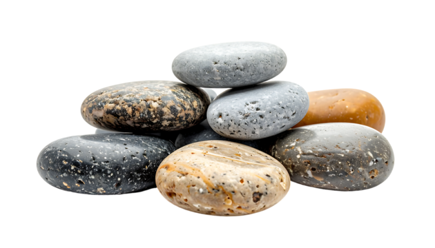 A small pile of smooth, multicolored river rocks, varying in shades of gray, brown, and tan, stacked loosely on a plain black background