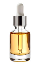 Clear glass bottle with amber liquid, silver dropper top;  partially filled