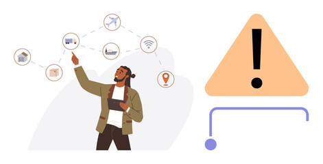Man with tablet pointing at digital network icons, including home, airplane, and cloud, near warning triangle. Ideal for risk assessment, safety, cybersecurity, IoT logistics analytics
