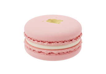 Isolated pink macaron dessert with gold leaf decoration, delicious French pastry treat