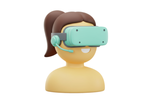 Isolated woman with VR headset and brown hair is ready for virtual reality fun