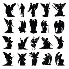 Collection of guardian angel silhouettes in various poses isolated on white background