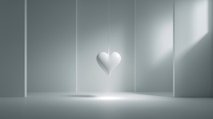 Minimalist monochrome room with suspended white heart, dramatic lighting, and soft shadows. Ideal for themes of love, emotion, solitude, and modern design in commercial use.