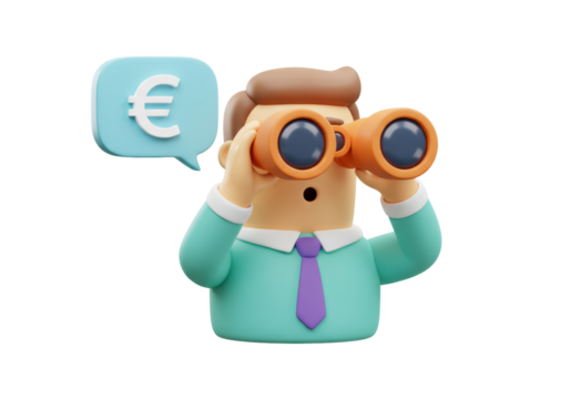 Isolated man looks through binoculars at a euro symbol inside a speech bubble design. - Powered by Adobe